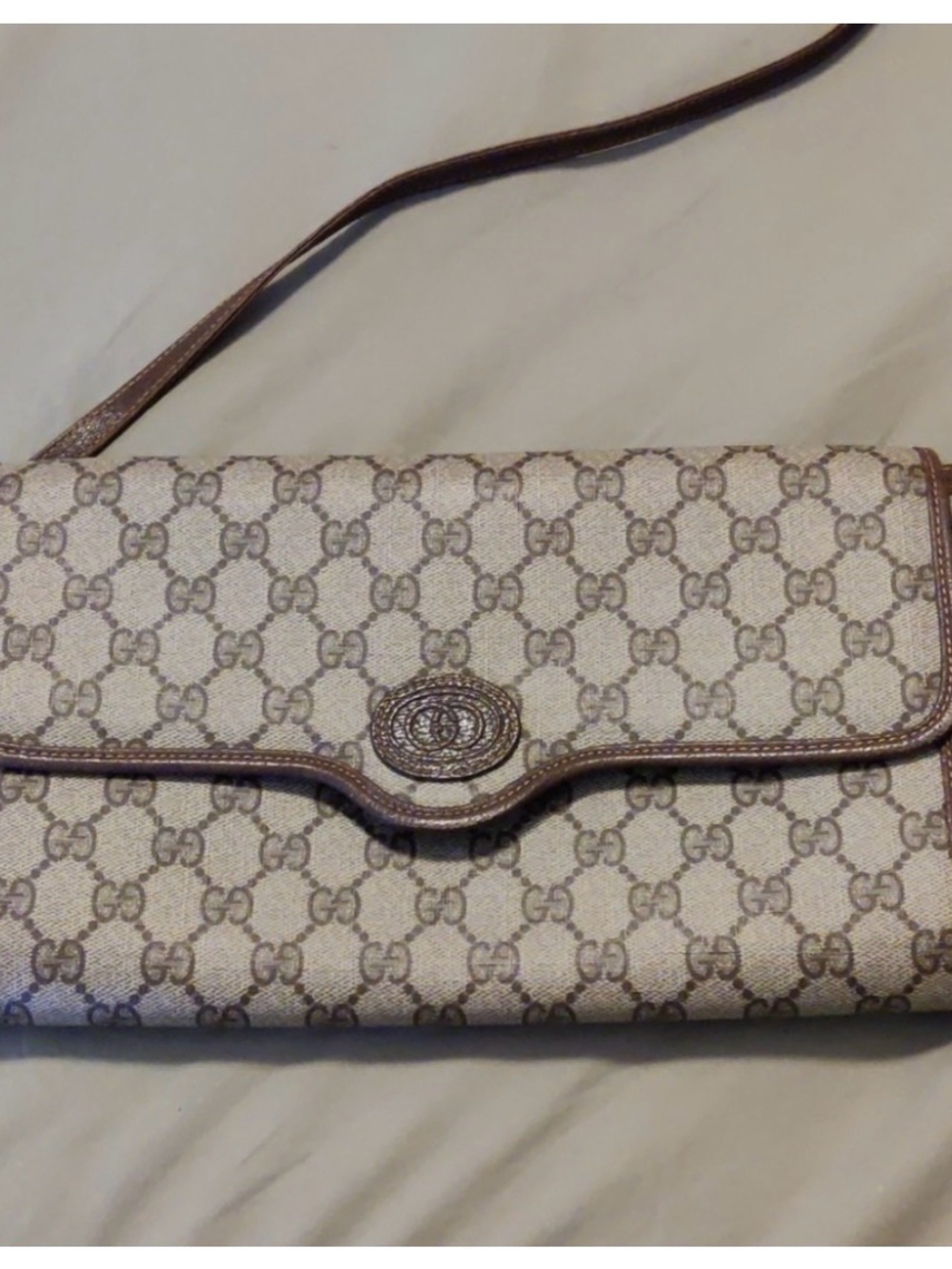 Gucci Beige GG Monogram Crossbody Bag with Brown Trim